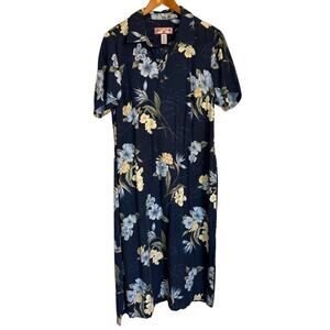 Caribbean Joe Dress Women 1X Navy Blue Tropical Plus Size Maxi Collared Vacation